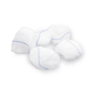 Five white Meditrade BeeSana® gauze swabs with blue stitching, arranged side by side on a plain white background.