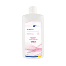 A bottle of Meditrade Ethasept® hand disinfectant with a white label featuring pink and purple accents and German text. The logo at the top highlights the medical benefits.