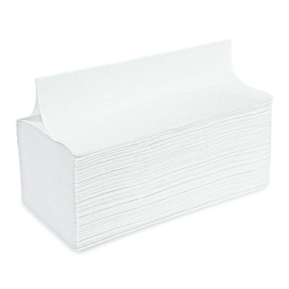 A stack of Meditrade Folded Towels V-Fold 25x21cm 2-ply, white from Meditrade GmbH is displayed. The rectangular towels consist of two layers, giving them a thick and absorbent appearance. Their edges are neatly aligned, indicating that they are new and unused. Ideal for hand hygiene, the background is plain and white.