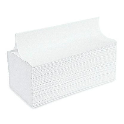 A stack of Meditrade Folded Towels V-Fold 25x21cm 2-ply, white from Meditrade GmbH is displayed. The rectangular towels consist of two layers, giving them a thick and absorbent appearance. Their edges are neatly aligned, indicating that they are new and unused. Ideal for hand hygiene, the background is plain and white.
