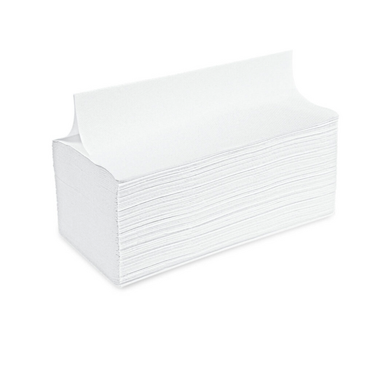 A neatly arranged stack of Meditrade V-fold hand towels, 2-ply – 20 x 160 sheets shows their visible textured surface. The paper towels from Meditrade GmbH are evenly aligned, with the top towel slightly raised and the edge exposed, allowing for easy and hygienic hand drying.