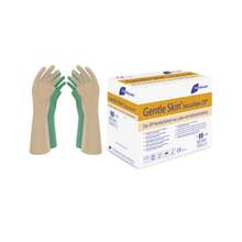 A pair of green Meditrade Gentle Skin® Securitex OP® gloves stands upright next to the packaging box labeled "Meditrade GmbH" in blue and yellow with product details in several languages.