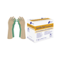 A pair of green Meditrade Gentle Skin® Securitex OP® gloves stands upright next to the packaging box labeled "Meditrade GmbH" in blue and yellow with product details in several languages.