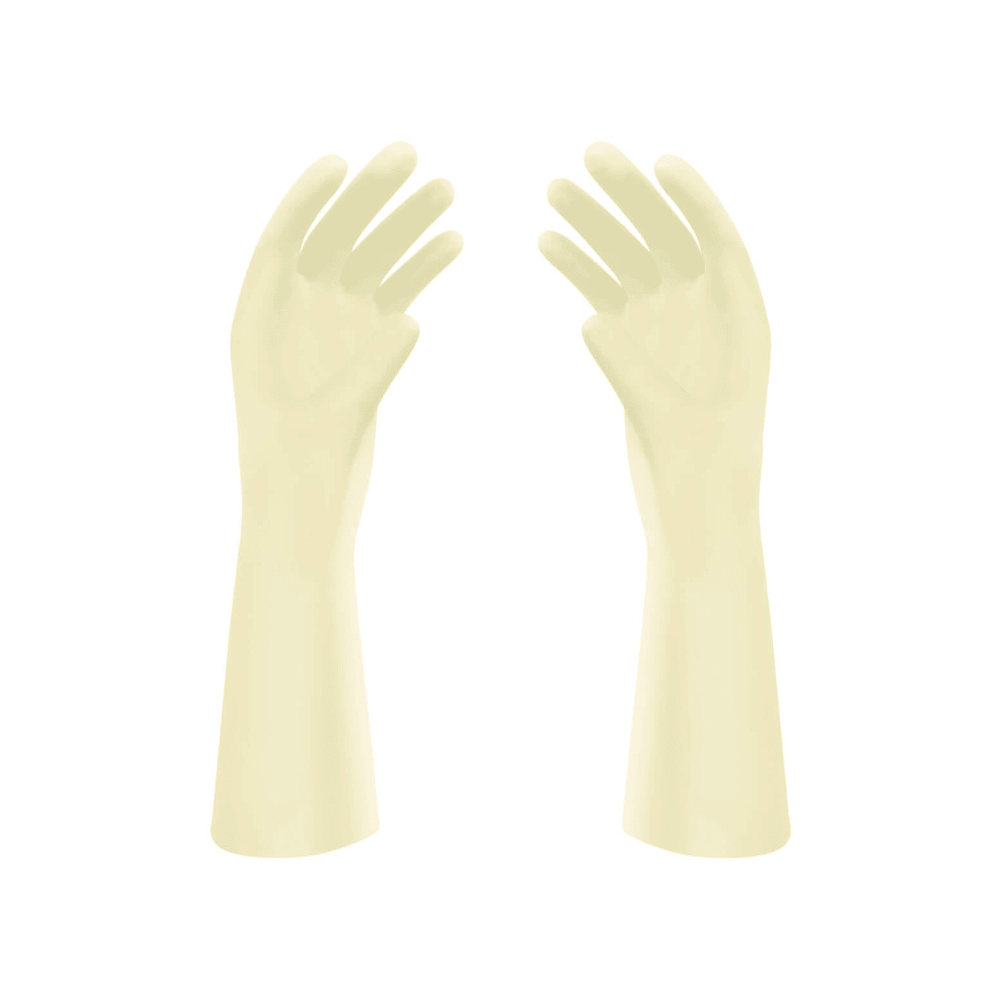 A pair of Meditrade Gentle Skin® Superior OP™ latex surgical gloves, extending to the forearm, isolated on a white background. The gloves are lightly powdered and oriented with the palms facing inward.