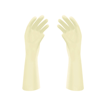 A pair of Meditrade Gentle Skin® Superior OP™ latex surgical gloves, extending to the forearm, isolated on a white background. The gloves are lightly powdered and oriented with the palms facing inward.