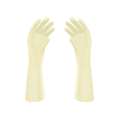 A pair of Meditrade Gentle Skin® Superior OP™ latex surgical gloves, extending to the forearm, isolated on a white background. The gloves are lightly powdered and oriented with the palms facing inward.
