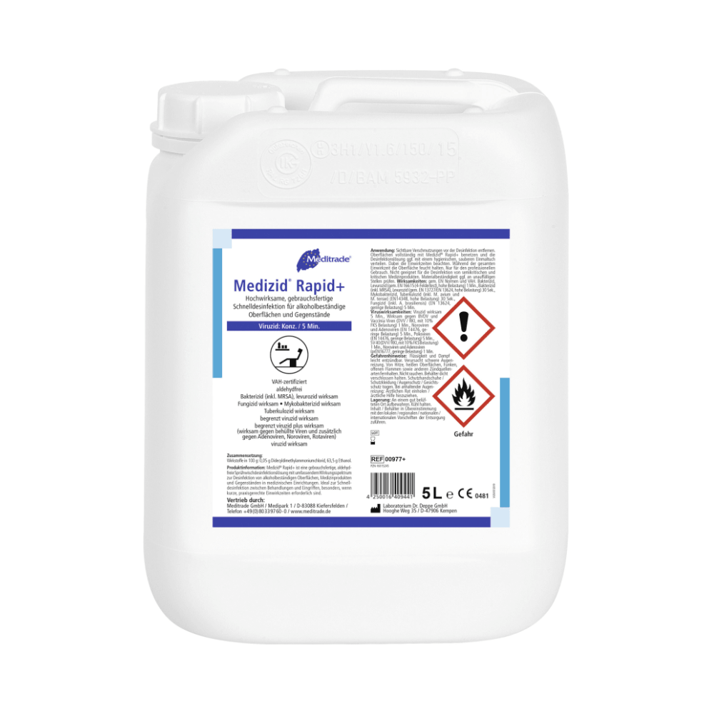 A 5-liter canister made of white plastic labeled "Meditrade Medizid Rapid+" by Meditrade GmbH with safety and product information, including a flammability symbol, in various languages, used for surfaces.