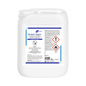 A 5-liter canister made of white plastic labeled "Meditrade Medizid Rapid+" by Meditrade GmbH with safety and product information, including a flammability symbol, in various languages, used for surfaces.