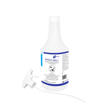 A bottle of “Meditrade Medizid® Alpha+ Surface Disinfectant” with a white label displaying product details and a barcode. A cap and an additional spray nozzle are on the bottle.