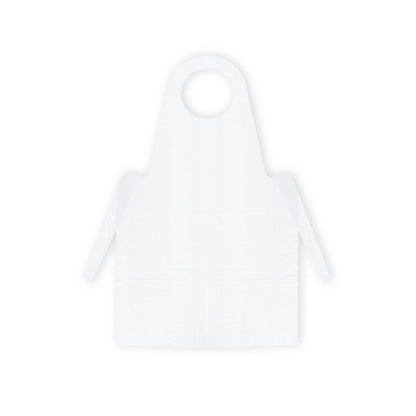 On a gray background, a blue Meditrade PE disposable apron from Meditrade GmbH is depicted. It features a round neckline and long side ties for fastening at the waist, thereby meeting essential hygiene requirements.