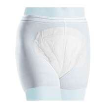 Close-up of a pair of light blue Meditrade Panty fixation briefs incontinence slips for adults. The padded area for absorbency is seen against a white background. These slips are part of the Meditrade Panty series.