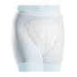 Close-up of a pair of light blue Meditrade Panty fixation briefs incontinence slips for adults. The padded area for absorbency is seen against a white background. These slips are part of the Meditrade Panty series.