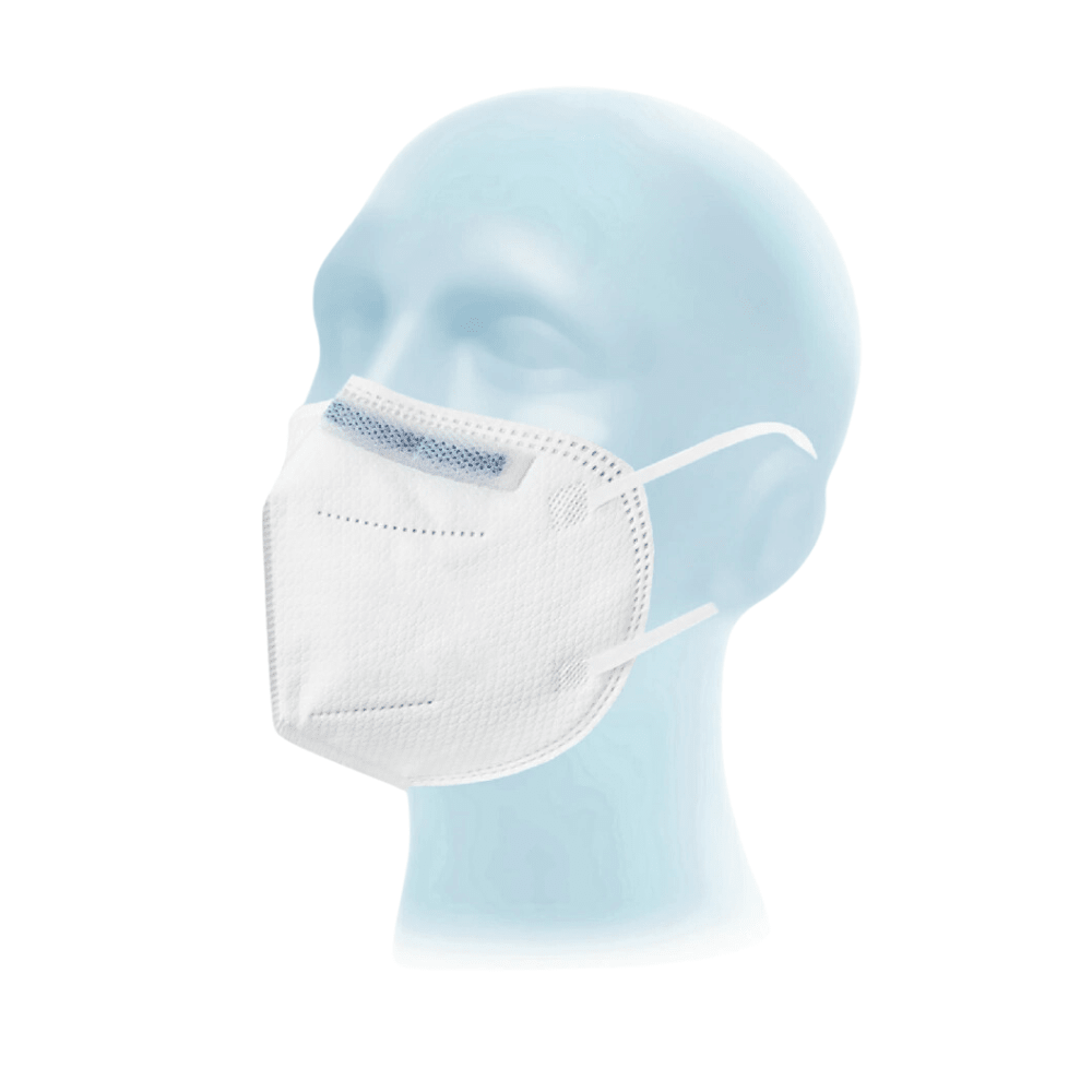 Pictured is a light blue mannequin head with a white Meditrade Respima FFP2 NR respirator mask | Package (20 pieces) from Meditrade GmbH with ear loops and a blue nose strip on a white background.