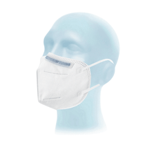 Pictured is a light blue mannequin head with a white Meditrade Respima FFP2 NR respirator mask | Package (20 pieces) from Meditrade GmbH with ear loops and a blue nose strip on a white background.