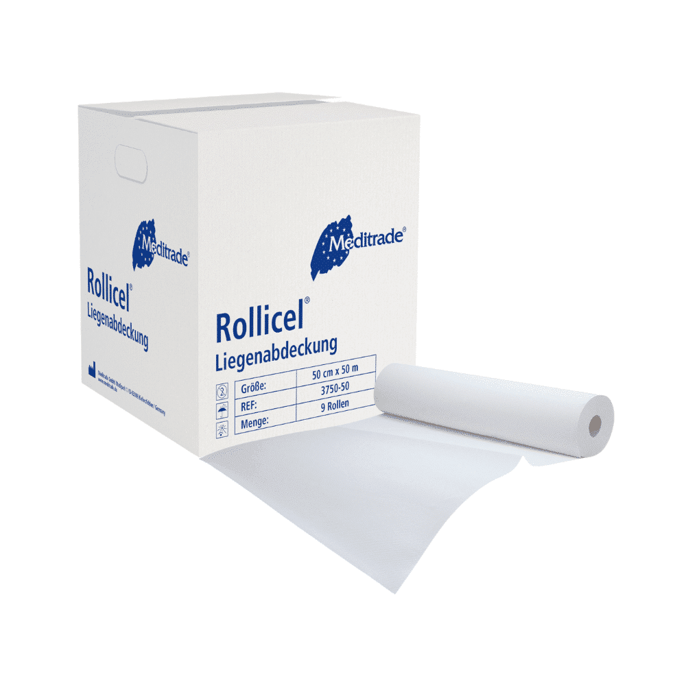 A white box with Meditrade Rollicel® medical crepe / roll, 39 - 59 cm x 50 m, 2-ply by the brand Meditrade GmbH, depicted with a sheet protruding and unrolled from the box. The box details include product size and quantity. This product is also known as