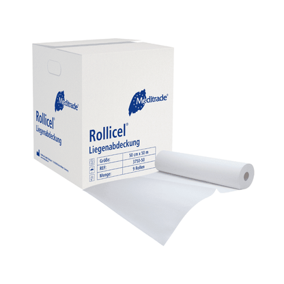 A white box with Meditrade Rollicel® medical crepe / roll, 39 - 59 cm x 50 m, 2-ply by the brand Meditrade GmbH, depicted with a sheet protruding and unrolled from the box. The box details include product size and quantity. This product is also known as