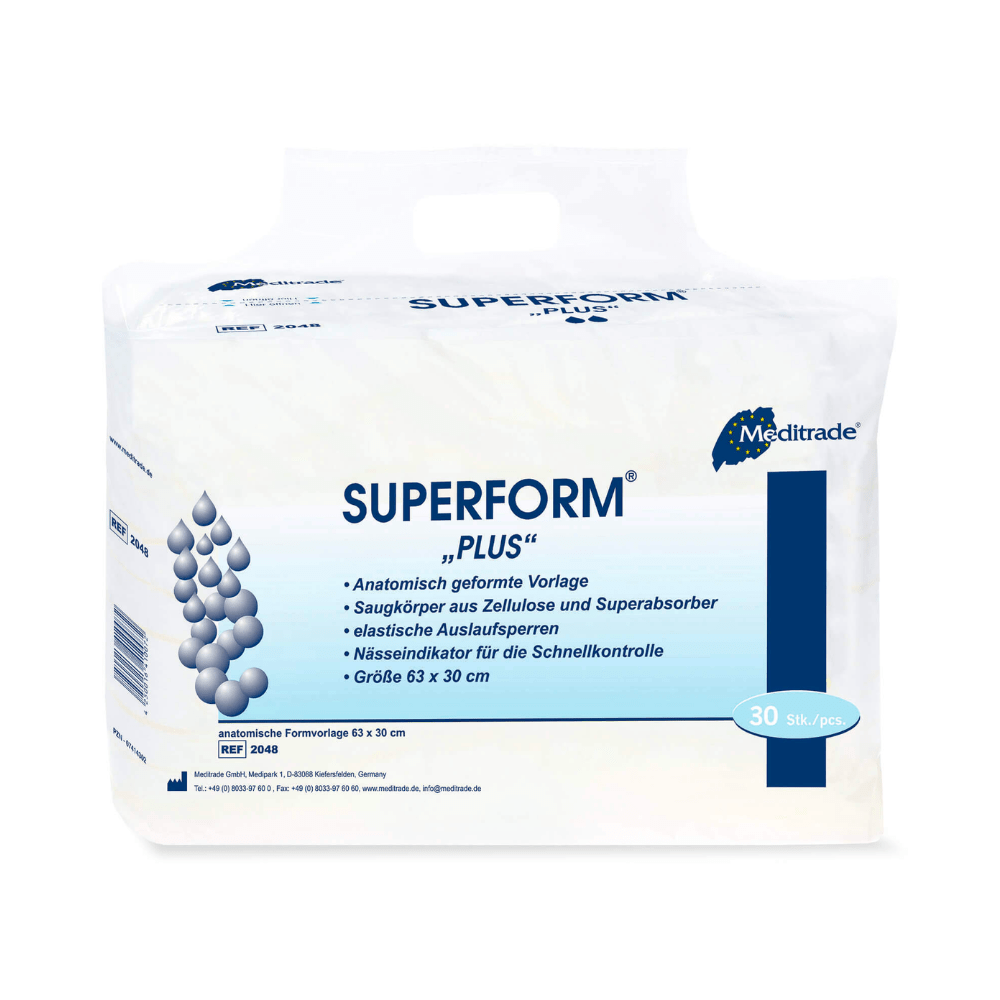 A pack of Meditrade Superform® Plus adult diapers with 30 pieces, described as anatomically shaped diapers with fast-absorbing cellulose material and super absorber technology, presented against a white background.