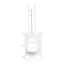 The white metal stand is a minimalist urine bottle holder from Meditrade GmbH, similar to a ladle holder with chain suspension. Its round base and vertical supports make it ideal for care beds, seamlessly combining form and function.