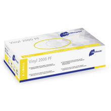 A box of Meditrade Vinyl 2000 PF disposable gloves made of vinyl from Meditrade GmbH, small, powder-free, latex-free disposable gloves. The packaging is mainly white and blue with yellow accents and designed for patient care.