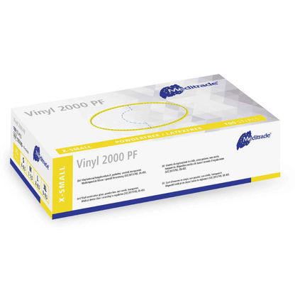 A box of Meditrade Vinyl 2000 PF disposable gloves made of vinyl from Meditrade GmbH, small, powder-free, latex-free disposable gloves. The packaging is mainly white and blue with yellow accents and designed for patient care.