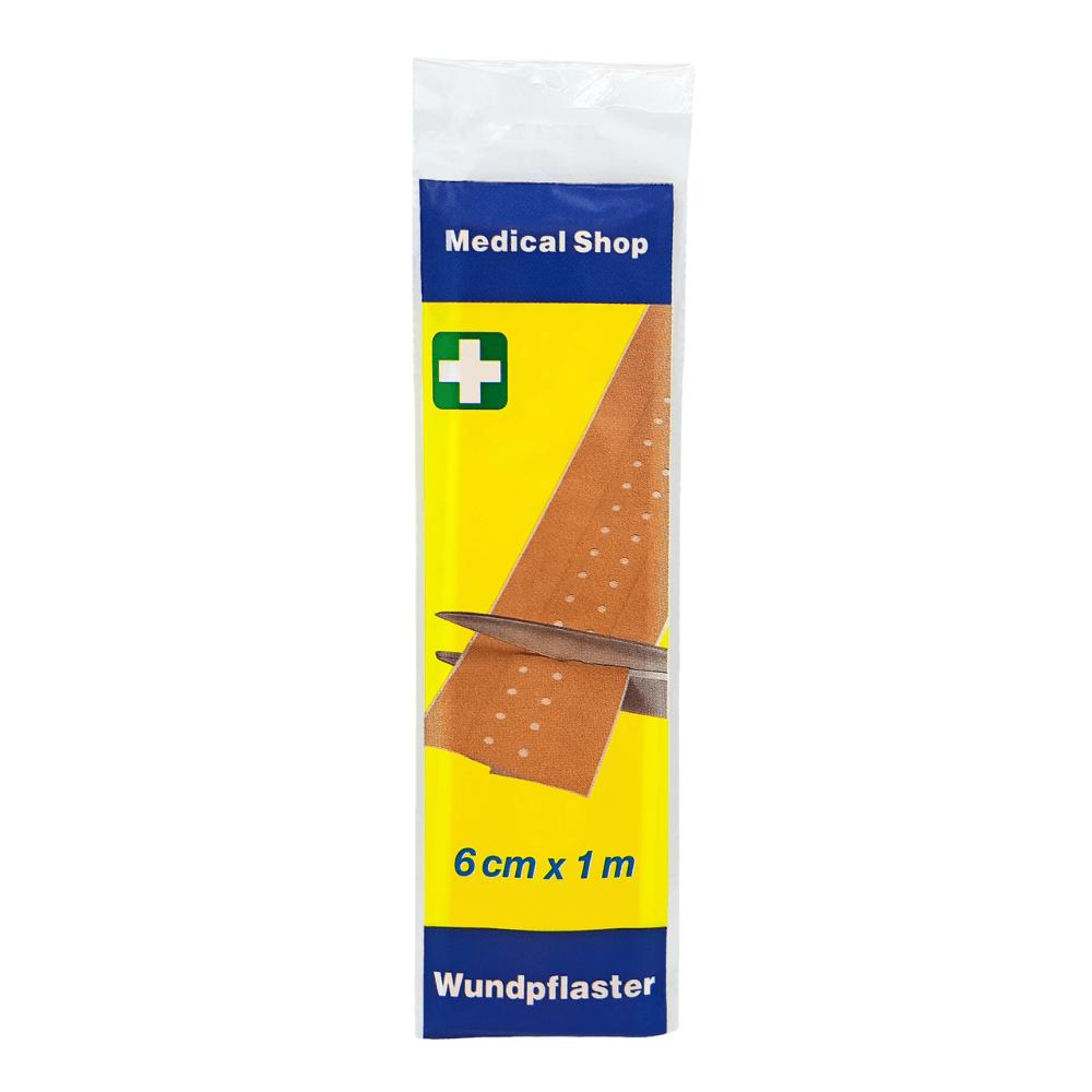 Pictured is a pack of wound plasters 'Medical Shop' by Holthaus Medical GmbH & Co. KG, 6 cm x 1 m, rigid pouch. On the package, there is an image of scissors cutting a strip of the 'rigid' plaster. The design is blue and yellow, with a green cross symbol and the inscription '6 cm x 1 m'. Perfect for effective wound care.