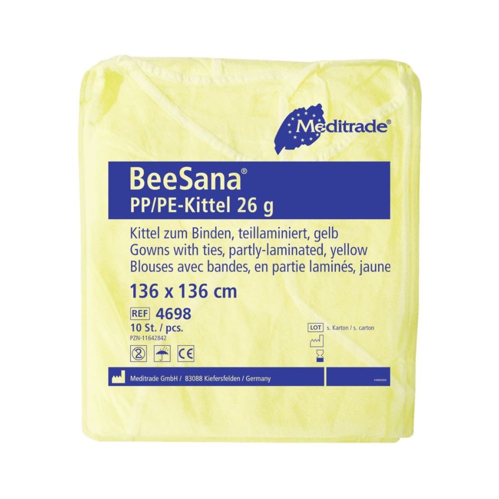 A pack of Meditrade BeeSana® PP/PE gown XL, 26 g by Meditrade GmbH, size 136 x 136 cm, contains 10 yellow waterproof protective gowns with tie band. Manufacturer and product details are listed on the packaging.