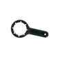 The canister key from Meditrade GmbH is ergonomically made of black plastic and features a round head with six prongs and a flat handle with a hole for easy handling. This tool is ideal for opening 5-liter or 10-liter containers and is presented on a white background.