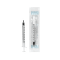 A 1 ml Mediware insulin syringe from Servoprax GmbH is shown next to its packaging. The syringe has a clear barrel with black measurement markings, including U 40 divisions, and a black plunger. There is visible text on the transparent packaging highlighting the Luer fitting for easy connection.