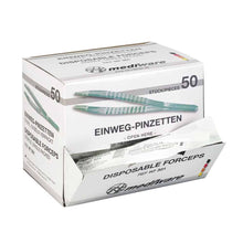 A box of sterile Mediware disposable tweezers from Servoprax GmbH labeled "Disposable Tweezers" contains 50 anatomically shaped pieces made of polystyrene and displays several sets of green sterile tweezers for precise application.