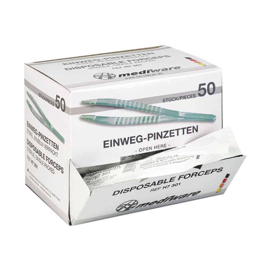 A box of sterile Mediware disposable tweezers from Servoprax GmbH labeled "Disposable Tweezers" contains 50 anatomically shaped pieces made of polystyrene and displays several sets of green sterile tweezers for precise application.