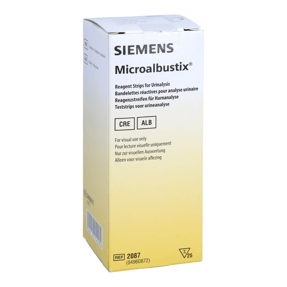 The white-yellow Servoprax Microalbustix urine test strip box (25 pieces) is labeled with multilingual text, highlights CRE and ALB tests for microalbuminuria screening, and is visually evaluated for urinalysis.