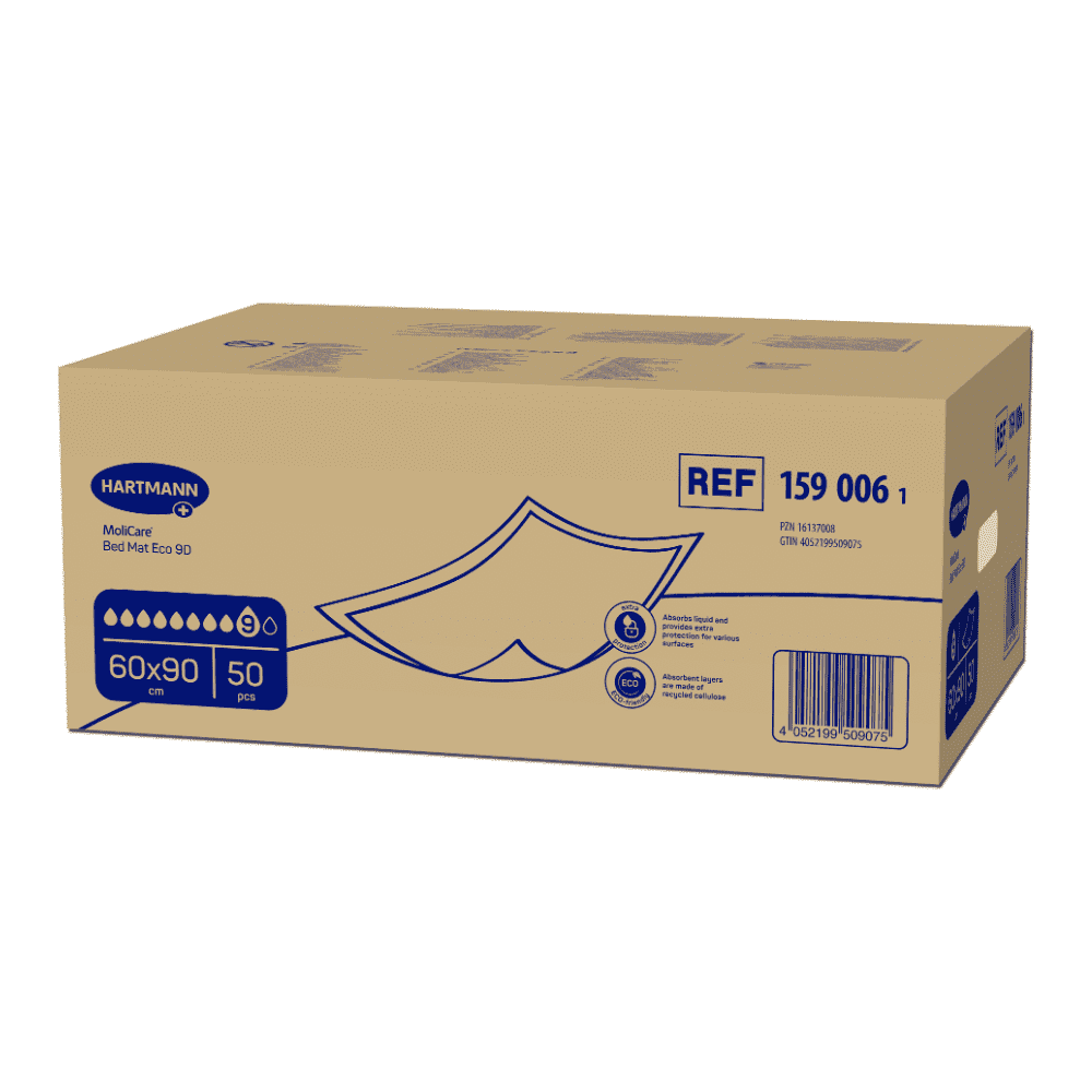 A box labeled "MoliCare® Bed Mat ECO bed protection pads" in blue and beige, with prominently displayed product details and barcodes for Paul Hartmann AG.