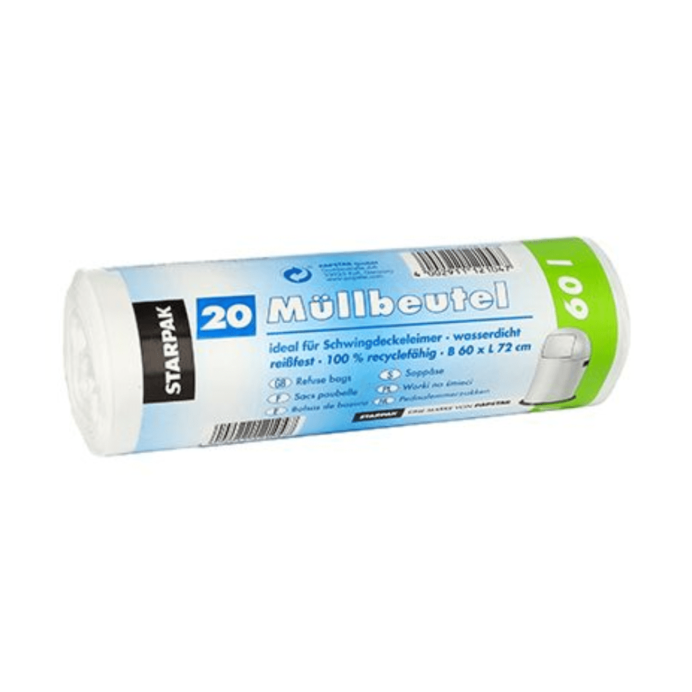 A roll of Starpak garbage bags contains 20 white, waterproof, and tear-resistant bags. They are 60 x 72 cm in size, have a capacity of up to 60 liters, and are made of 100% recyclable materials. The packaging is blue and green.