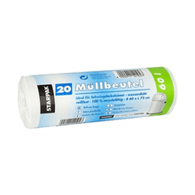 A roll of Starpak garbage bags contains 20 white, waterproof, and tear-resistant bags. They are 60 x 72 cm in size, have a capacity of up to 60 liters, and are made of 100% recyclable materials. The packaging is blue and green.