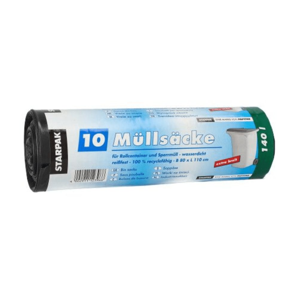 A roll of Starpak 10 trash bags, LDPE-black 140L trash bags (80 x 110 cm) with German text on the blue, green, and white label; each roll contains 10 bags.