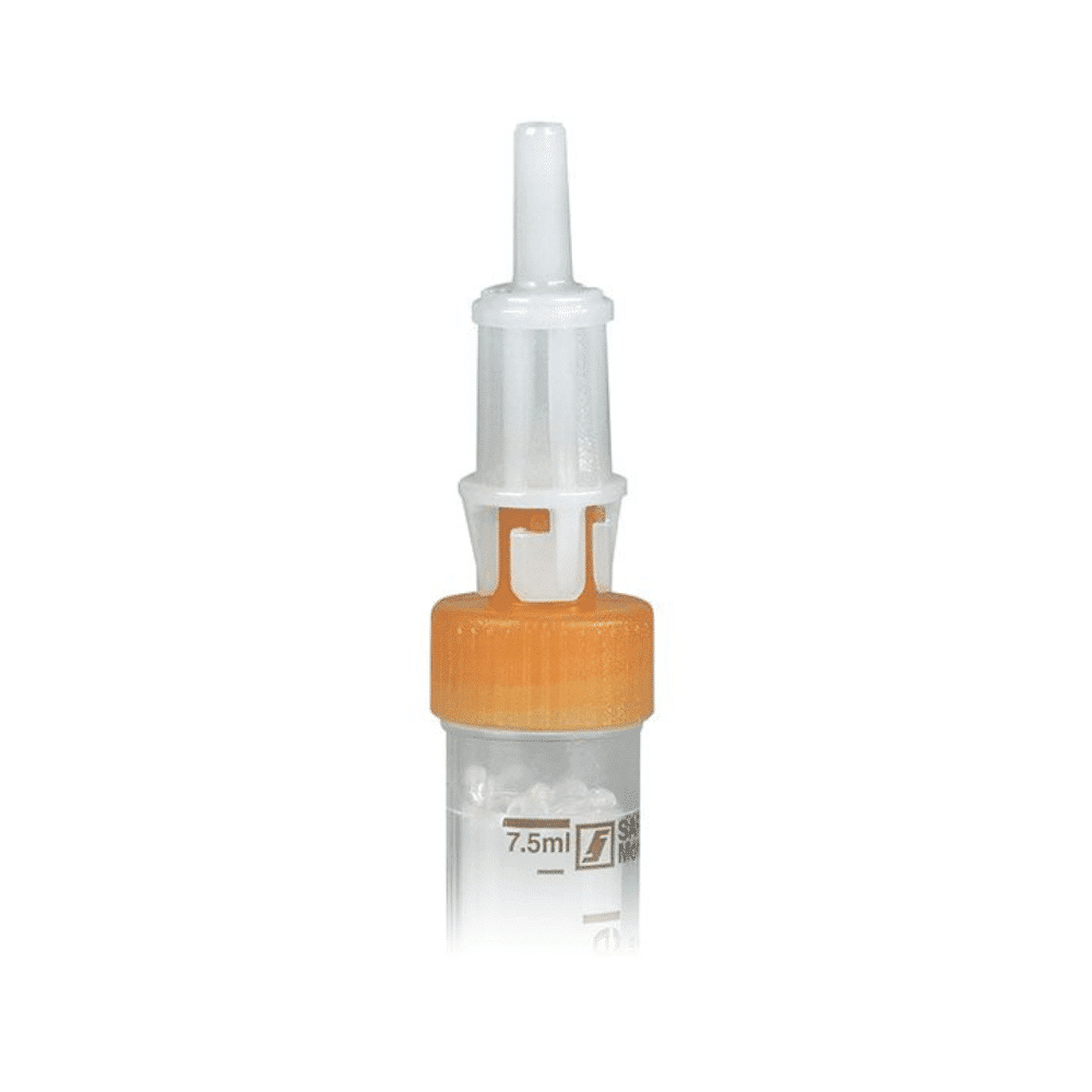 A close-up of the medical plastic device Sarstedt Multi-Adapter for S-Monovette® with a transparent casing and an orange locking mechanism. The device features a nozzle on top with scale markings indicating a capacity of 7.5 ml and is compatible with the Luer system for secure connections.