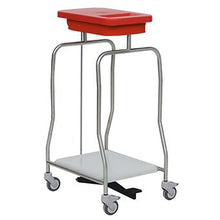 Hygienic waste disposal is achieved with the Novocal stainless steel waste collector "Compact": The robust single collector on four wheels with a red lid, white platform base, and foot pedal allows for convenient, contactless use.