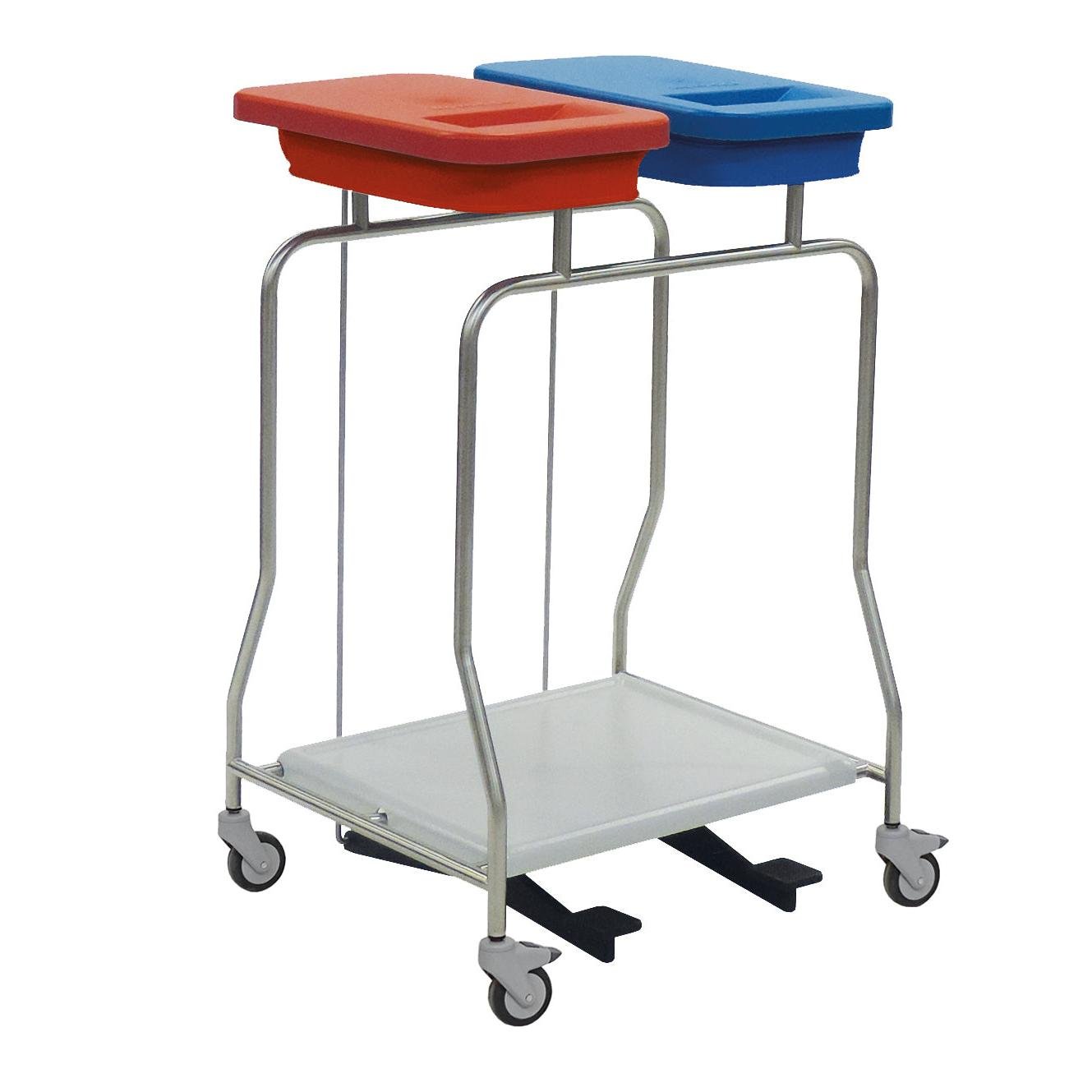 The Novocal stainless steel waste collector "Compact" double collector is a stainless steel cart with wheels, two lid containers - red and blue - for waste separation on the top and a flat lower shelf.