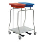 The Novocal stainless steel waste collector "Compact" double collector is a stainless steel cart with wheels, two lid containers - red and blue - for waste separation on the top and a flat lower shelf.