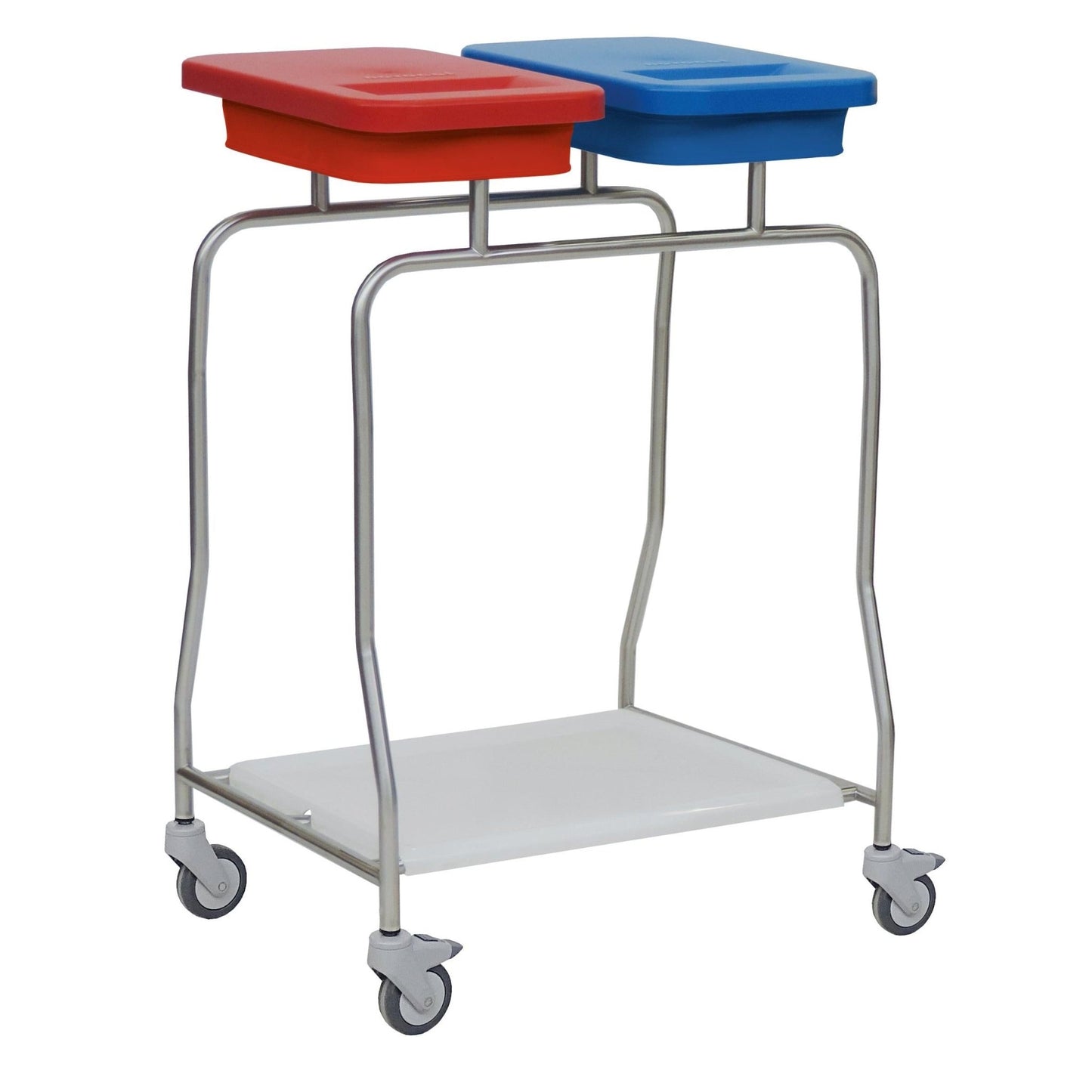 The Novocal stainless steel waste collector "Compact" dual collector is a stainless steel cart with four wheels, two upper containers (with red and blue lids) for easy waste separation, and a white base plate.