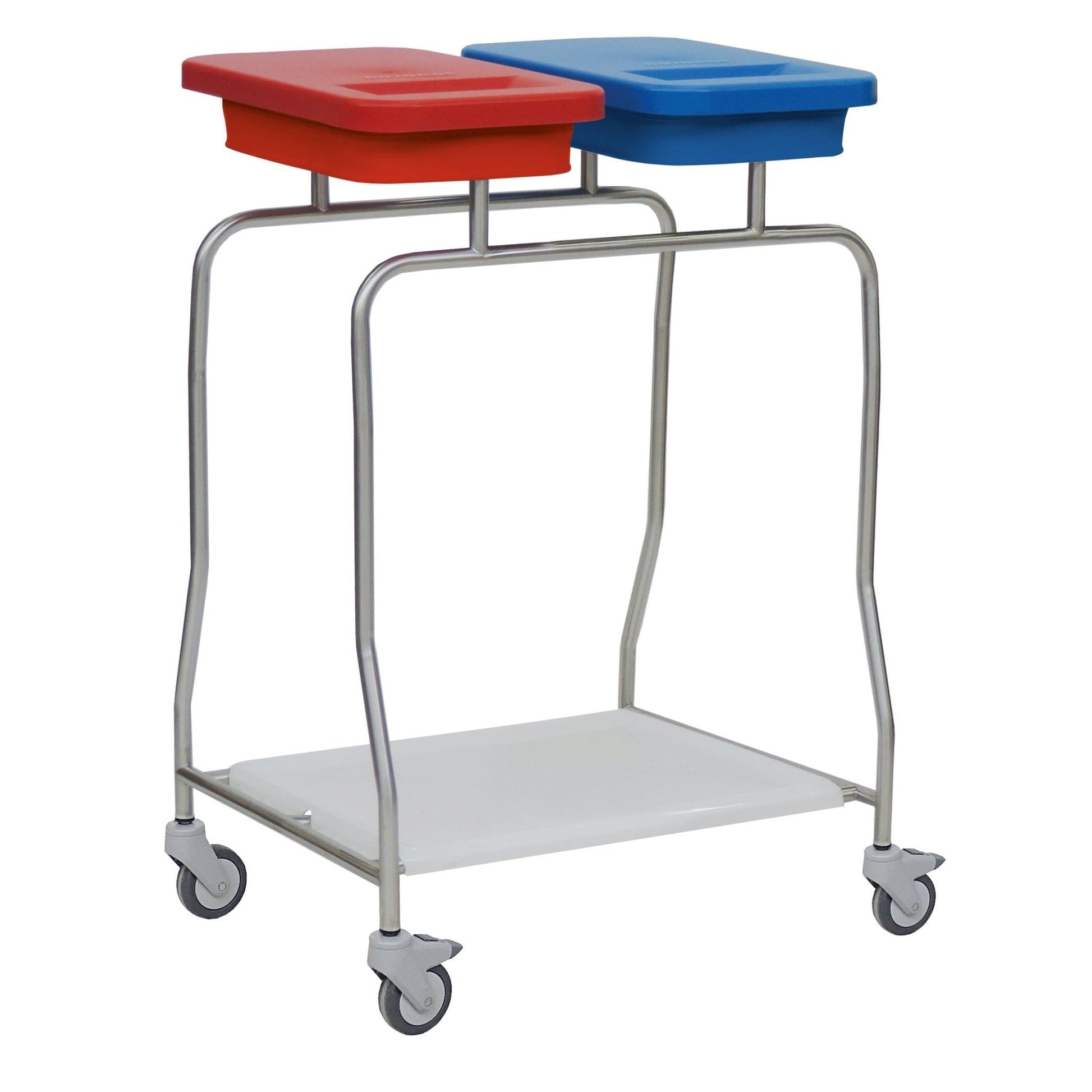The Novocal stainless steel waste collector "Compact" dual collector is a stainless steel cart with four wheels, two upper containers (with red and blue lids) for easy waste separation, and a white base plate.