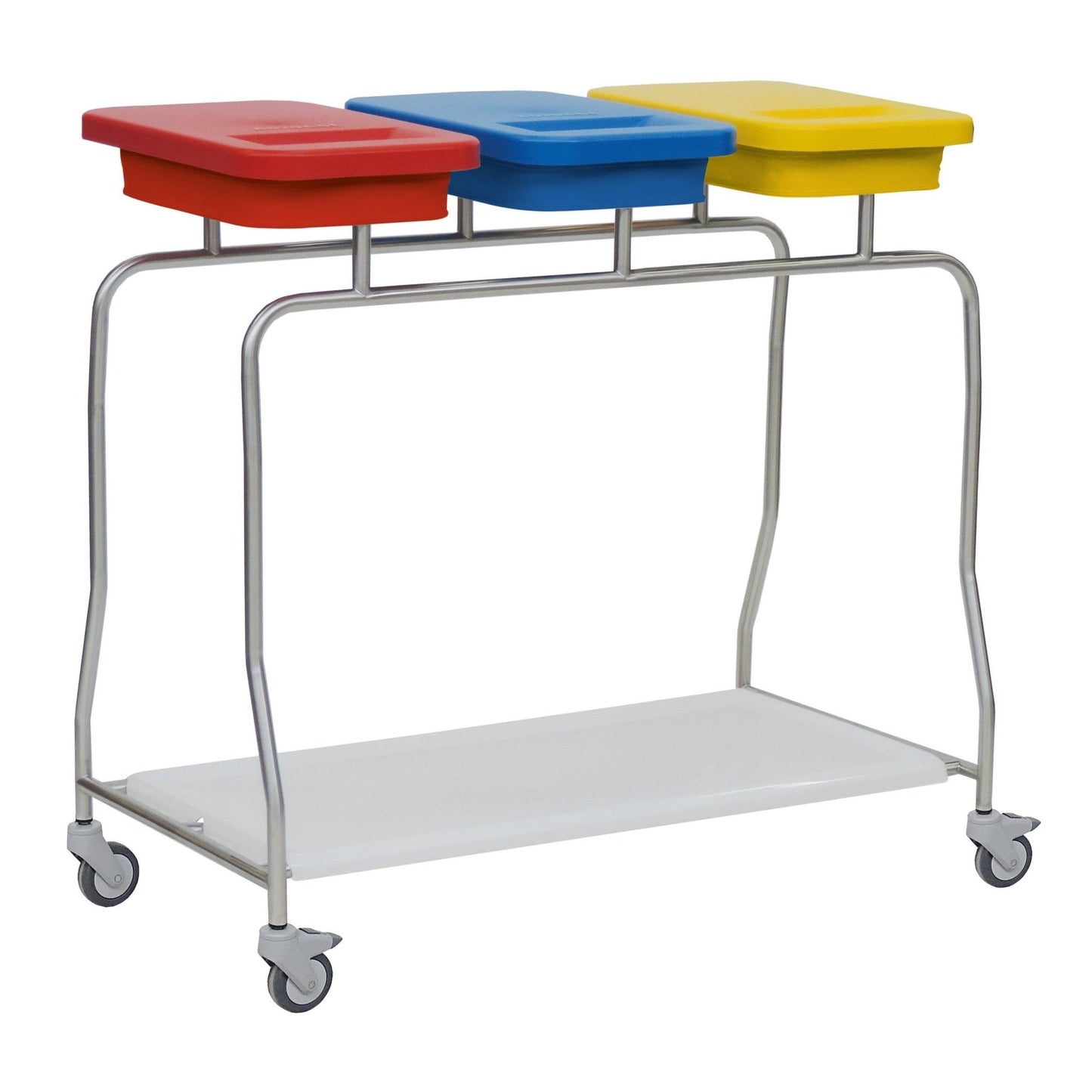 The Novocal stainless steel waste collector "Compact" triple collector features a stainless steel frame, three color-coded lids (red, blue, yellow), a lower white insert shelf, and four swivel casters for efficient waste sorting and transport.