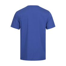 The image shows the back view of a NITRAS MOTION TEX LIGHT T-shirt by AS Arbeitsschutz GmbH in plain blue. It is made of OEKO-TEX certified cotton, has a round neckline and short sleeves, and is seen on a bright white background.