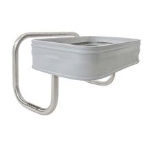 The Novocal stainless steel laundry collector "Compact" is a rectangular, light gray wall-mounted laundry collector with rounded edges on a metallic, space-saving bracket with the inscription "novocal". The frame is equipped with stainless steel connections. The background is white.