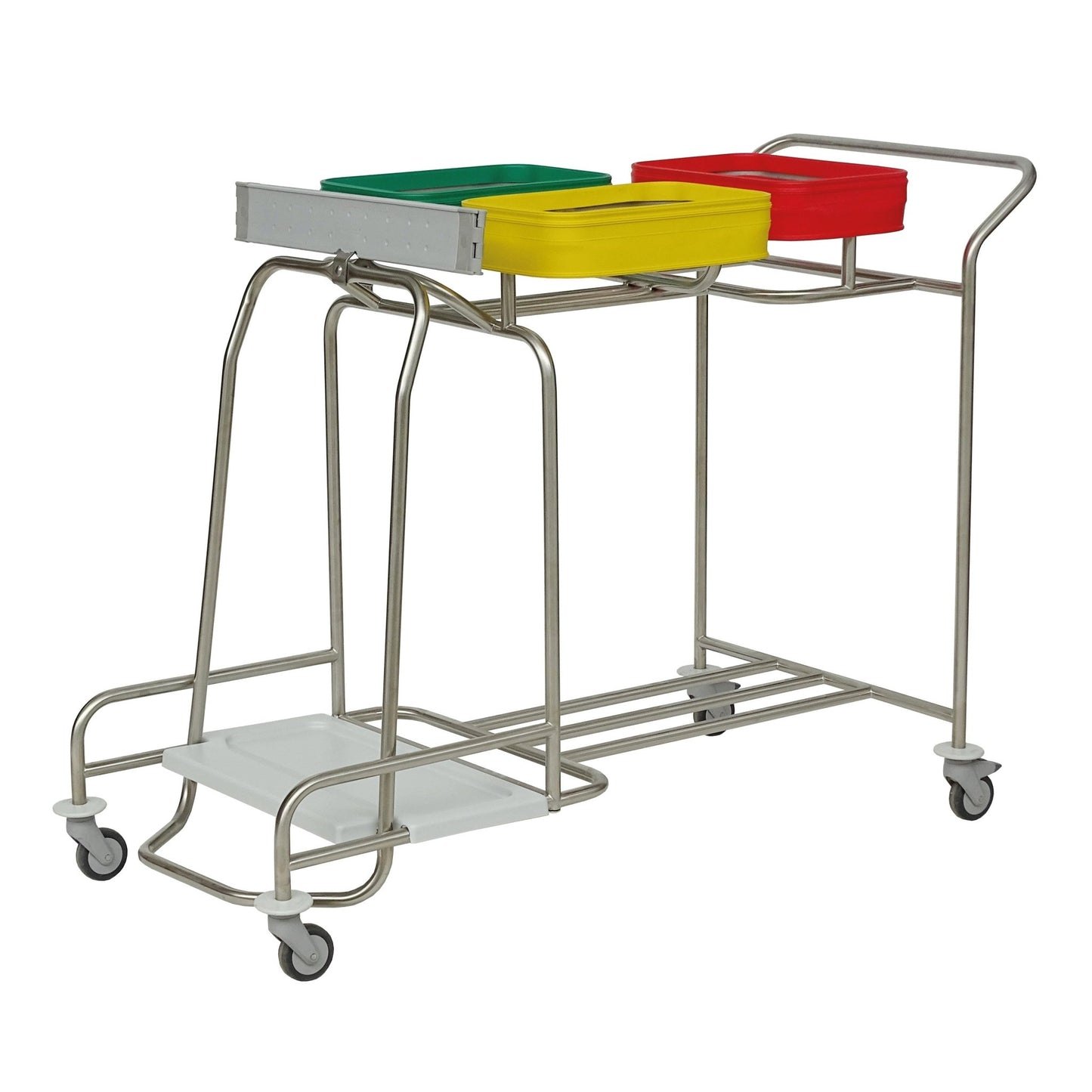 The Novocal stainless steel laundry collector "Kompakt plus" triple combination collector features a stainless steel frame, three color-coded containers (green, yellow, red), four swivel casters, and a lower white shelf.