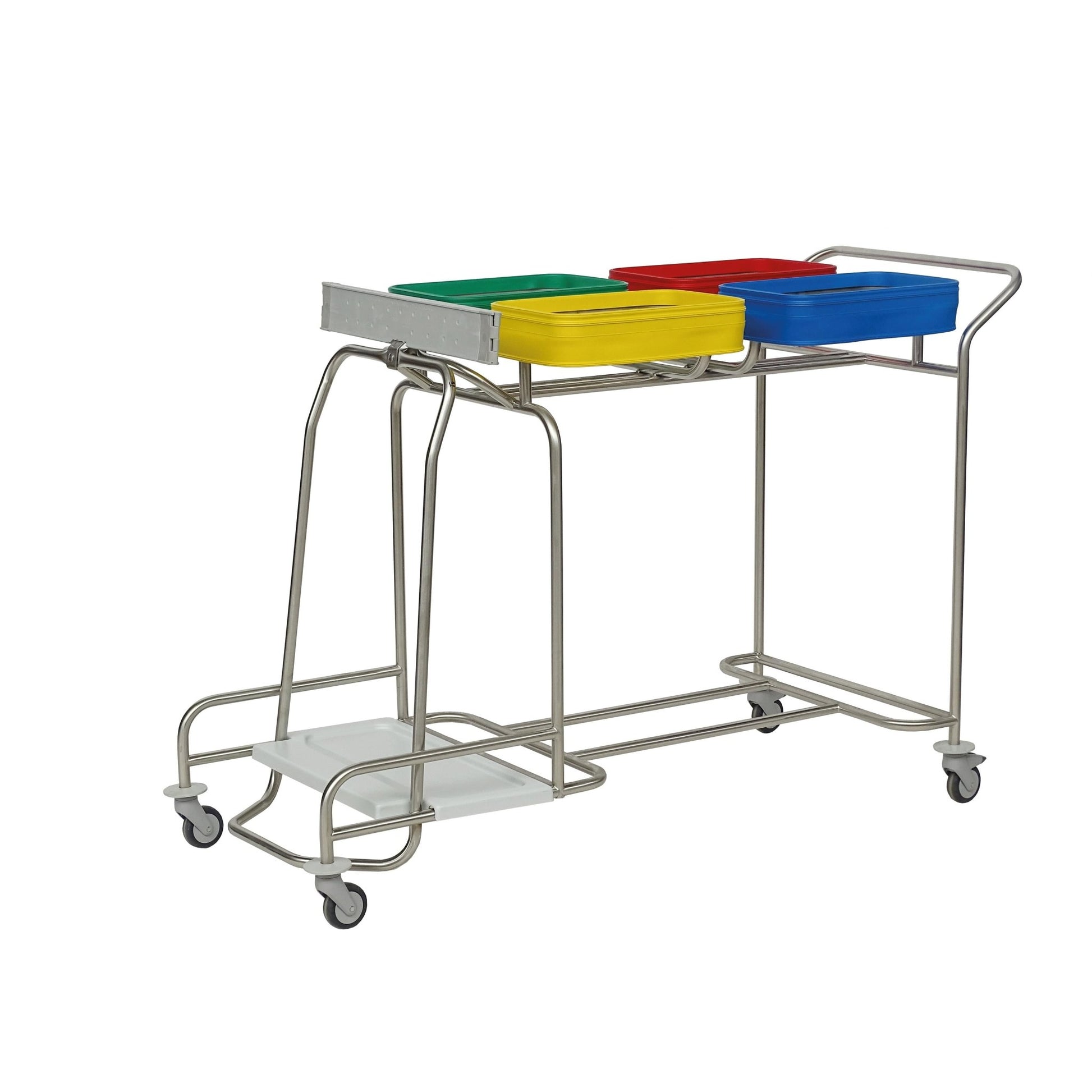 The Novocal stainless steel laundry collector "Compact plus" is a quadruple combination collector with colored containers, a white lower shelf, and practical wheels - ideal for space-saving and efficient sorting of laundry.