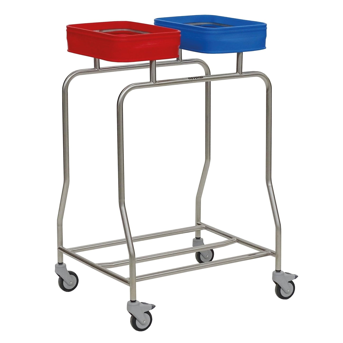 The Novocal stainless steel laundry collector "Compact" dual collector features a sturdy stainless steel frame with four wheels and two open, color-coded square frames on the top for easy laundry sorting.