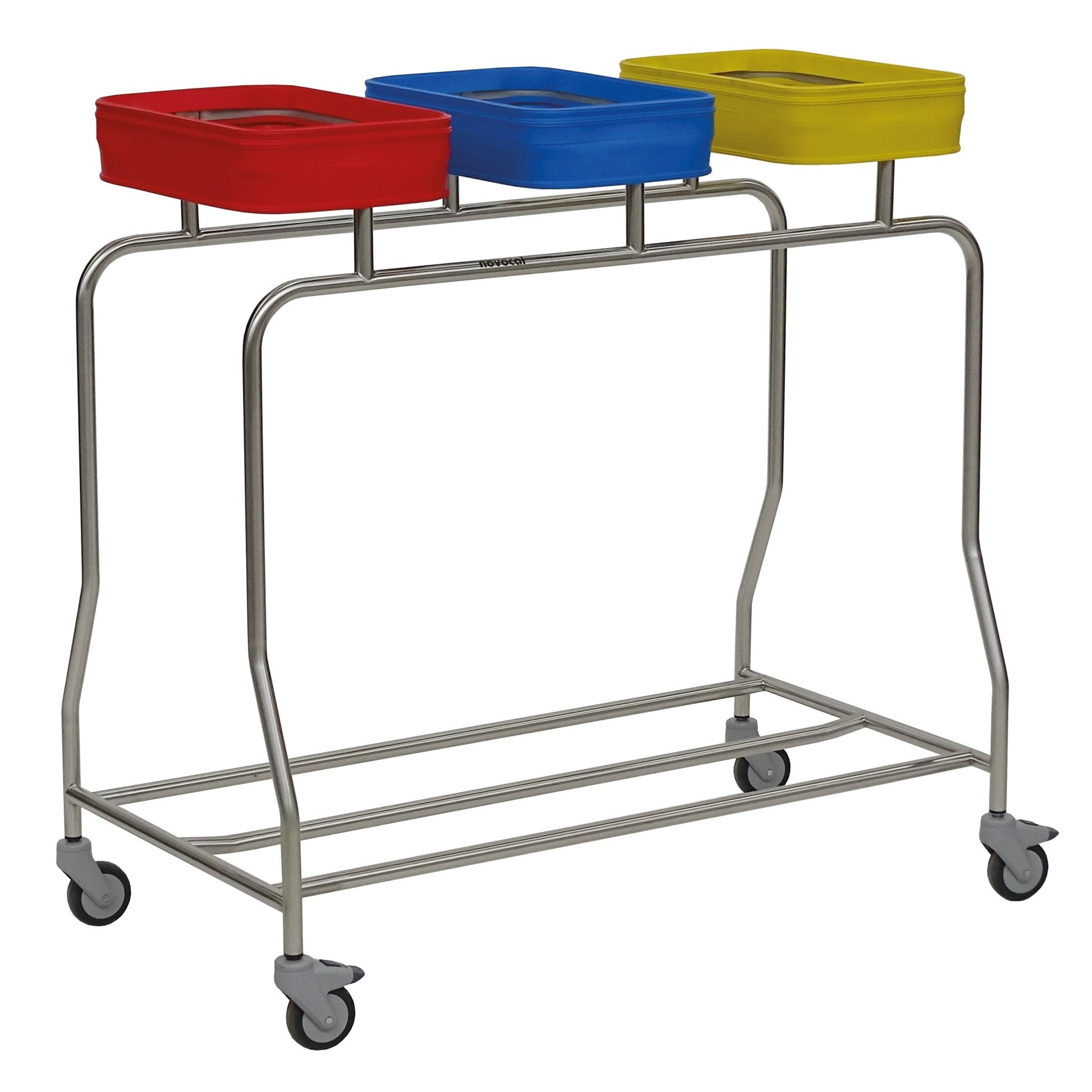 The Novocal Triple Stainless Steel Laundry Collector "Compact" offers efficient laundry sorting thanks to three colored lids (red, blue, yellow). Four wheels enable mobility; the open frame design saves space and impresses with functionality.