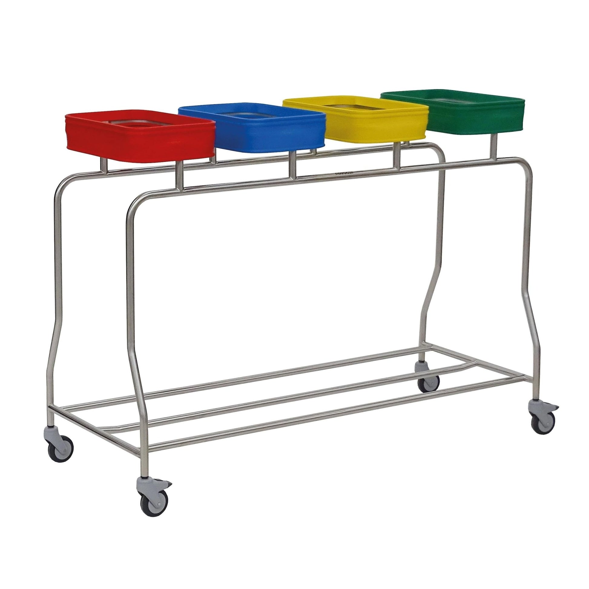 The Novocal Quadruple Stainless Steel Laundry Sorter "Compact" by Novocal features four color-coded, square lids - red, blue, yellow, and green - for easy sorting or recycling of laundry and is equipped with wheels for convenient mobility.