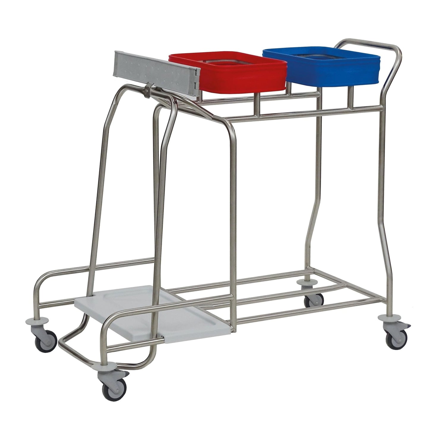 The Novocal stainless steel laundry collector "Kompakt plus" combination collector, 2-fold: a stainless steel cart with four wheels and two color-coded containers - red and blue - for efficient laundry or waste separation. Ideal for hygienic textile management.